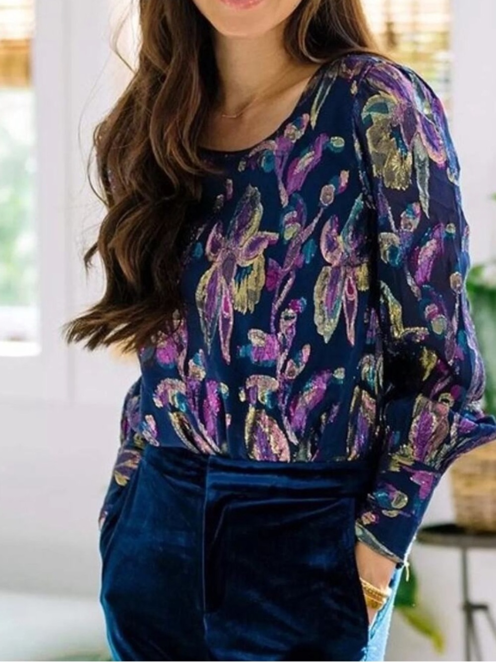 Lilly Pulitzer Navy Sheer Metallic Blouse
